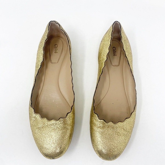 Chloe Lauren Gold Metallic Sparkle Scalloped Ballet Flats 37 US 7 - Picture 6 of 8